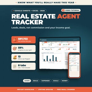 May include: A digital real estate agent tracker for Google Sheets and Excel 2026. The interface displays a dashboard with metrics including net income, goal progress, follow-ups, and eight tabs. Includes a tablet and smartphone view.