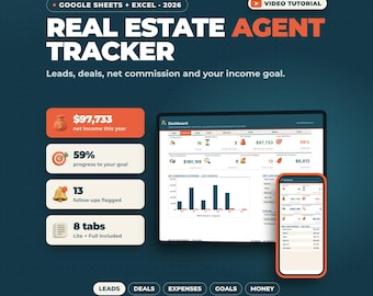 May include: A digital real estate agent tracker for Google Sheets and Excel 2026. The interface displays a dashboard with metrics including net income, goal progress, follow-ups, and eight tabs. Includes a tablet and smartphone view.