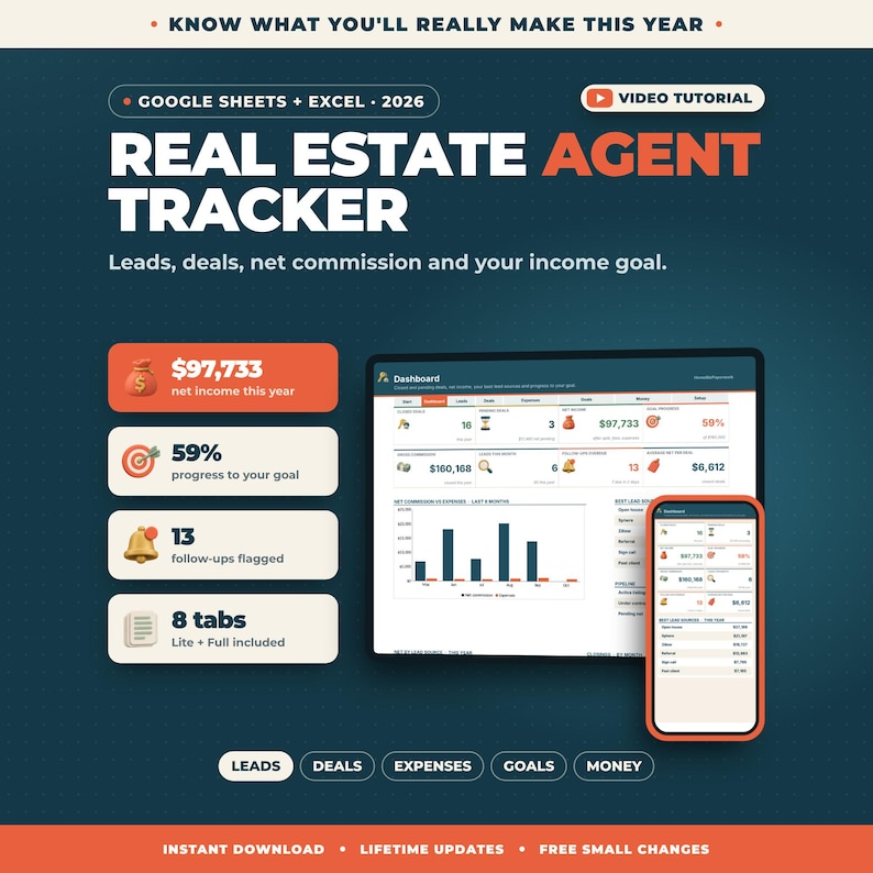May include: A digital real estate agent tracker for Google Sheets and Excel 2026. The interface displays a dashboard with metrics including net income, goal progress, follow-ups, and eight tabs. Includes a tablet and smartphone view.