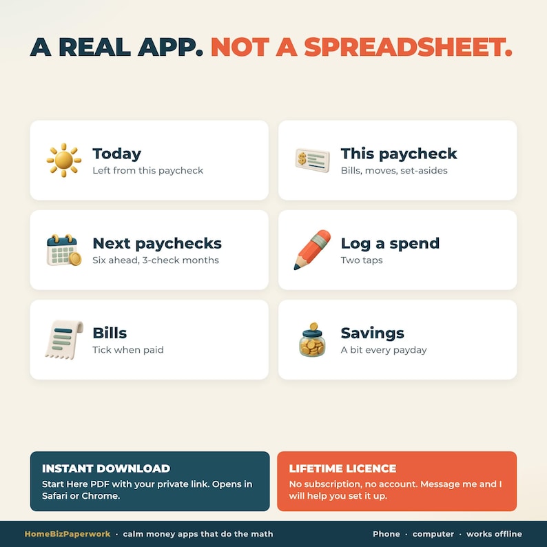 May include: A digital interface graphic titled A REAL APP. NOT A SPREADSHEET. featuring six white rectangular boxes with icons and text for Today, This paycheck, Next paychecks, Log a spend, Bills, and Savings, plus download information.