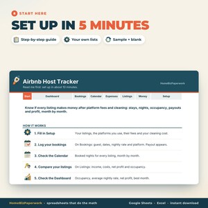 May include: A digital Airbnb Host Tracker spreadsheet interface featuring a navigation bar with tabs for Start, Dashboard, Bookings, Calendar, Expenses, Listings, Money, and Setup. The text explains how to track listings, fees, and profits.