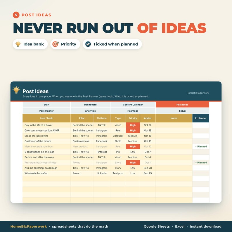 Calendario dei contenuti per i social media, foglio di calcolo Google Sheets Excel / Pianificatore di post, pianificatore di Instagram e TikTok, hashtag, tracker di analisi immagine 6