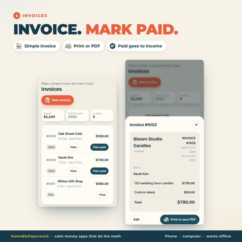 Puede incluir: Una interfaz digital para la gesti&oacute;n de facturas, con una lista de clientes como Oak Street Cafe y Sarah Kim. La pantalla muestra n&uacute;meros de factura, fechas y estados de pago, con opciones para marcar como pagado, imprimir o guardar como PDF.