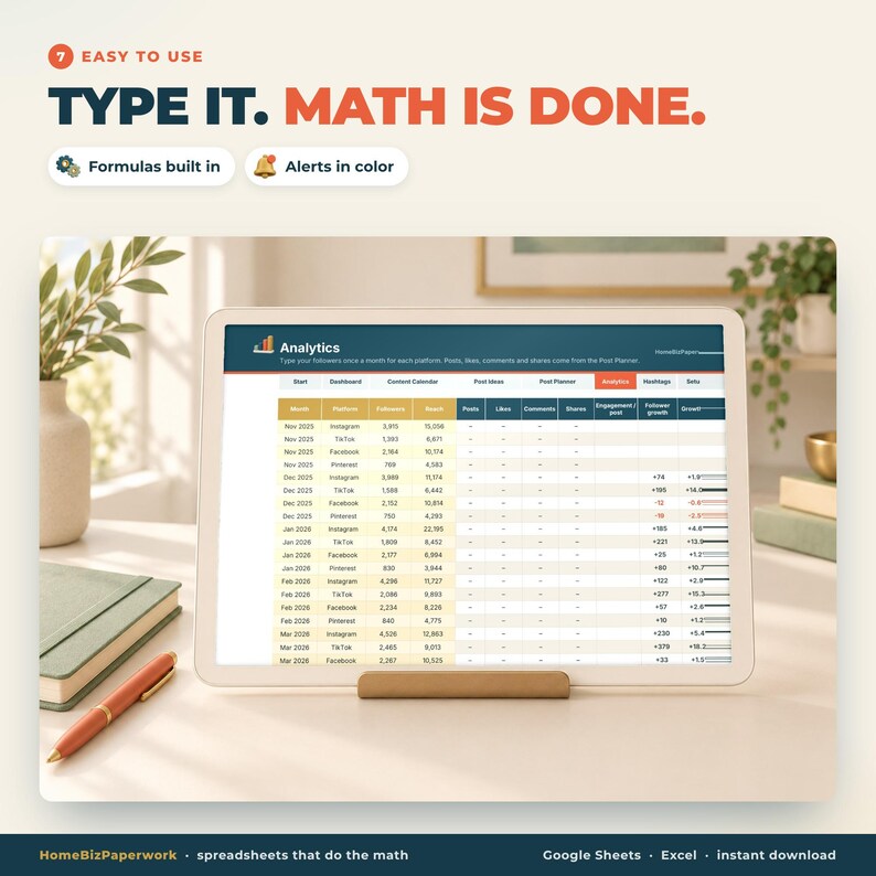 Calendario dei contenuti per i social media, foglio di calcolo Google Sheets Excel / Pianificatore di post, pianificatore di Instagram e TikTok, hashtag, tracker di analisi immagine 8