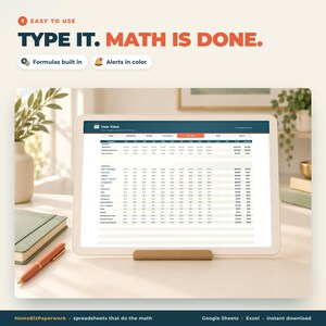 May include: A digital spreadsheet displayed on a tablet screen titled Year View, showing financial categories and monthly data. Text above reads: EASY TO USE TYPE IT. MATH IS DONE. Formulas built in, Alerts in color. HomeBizPaperwork, Google Sheets, Excel.