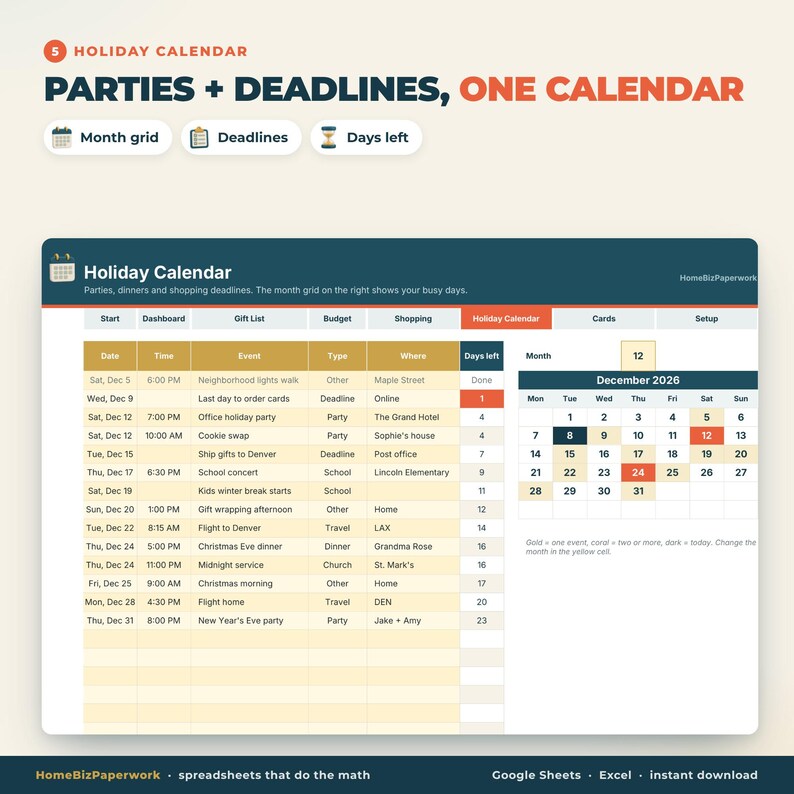 May include: A digital holiday calendar spreadsheet template titled Parties + Deadlines, One Calendar. It features a table with columns for date, time, event, type, location, and days left, alongside a December 2026 monthly grid view.