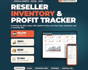 Bestandsübersicht für Wiederverkäufer (Google Sheets, Excel) | eBay, Poshmark, Mercari: Gewinnverfolgung, Beschaffungslogbuch, Weiterverkauf, monatliche Gewinn- und Verlustrechnung