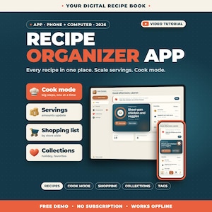Pu&ograve; includere: Un'interfaccia di un'app digitale per organizzare ricette visualizzata su un tablet e uno smartphone. Lo sfondo blu petrolio scuro presenta testo bianco e arancione, tra cui "Recipe Organizer App" e "Cook mode".
