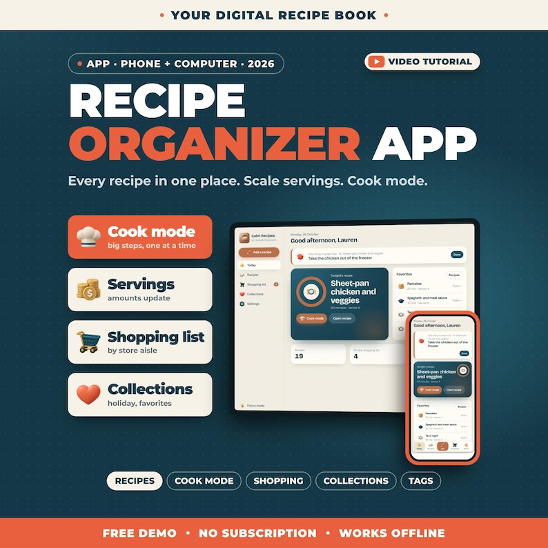 Pu&ograve; includere: Un'interfaccia di un'app digitale per organizzare ricette visualizzata su un tablet e uno smartphone. Lo sfondo blu petrolio scuro presenta testo bianco e arancione, tra cui "Recipe Organizer App" e "Cook mode".