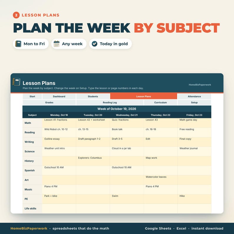 Planificador de educación en casa (hoja de cálculo, Google Sheets, Excel) / Planes de lecciones, asistencia y horas, registro de calificaciones, registro de lectura, currículo imagen 3