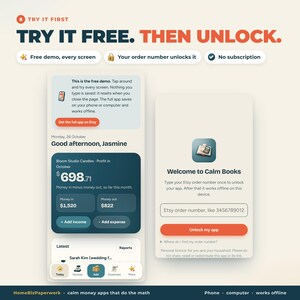 Puede incluir: Una interfaz digital titulada TRY IT FREE. THEN UNLOCK. que muestra dos pantallas de aplicaci&oacute;n m&oacute;vil. Una pantalla muestra un panel financiero para Bloom Studio Candles con seguimiento de ingresos y gastos. La otra pantalla muestra un aviso de inicio de sesi&oacute;n para Calm Books que requiere un n&uacute;mero de pedido de Etsy para desbloquear la aplicaci&oacute;n.