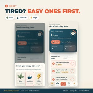 May include: A digital interface design for a task management app titled Energy, featuring a dashboard with a task list, energy level indicators, and a pop-up menu with icons for Low, Medium, and High energy states to organize daily activities.