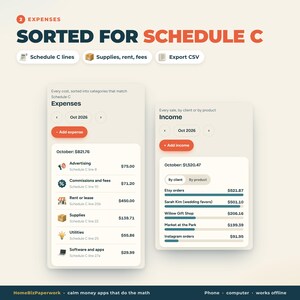 Puede incluir: Una interfaz digital titulada Sorted for Schedule C, que muestra dos paneles para gastos e ingresos. El panel de gastos enumera categor&iacute;as como publicidad, comisiones y alquiler con montos. El panel de ingresos muestra las ventas por cliente o producto para octubre de 2026, incluyendo pedidos de Etsy.