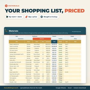 Foglio di calcolo per il budget di ristrutturazione della casa (Google Sheets Excel) / Pianificatore di ristrutturazioni, monitoraggio degli appaltatori, elenco dei materiali, cronologia del progetto immagine 5