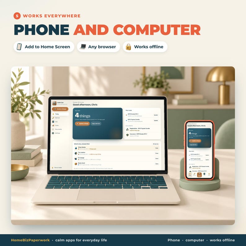 May include: A laptop and a smartphone displaying the HomeBizPaperwork interface. The screen shows a dashboard with the text 'Good afternoon, Chris' and '4 things'. The top banner reads '5 WORKS EVERYWHERE PHONE AND COMPUTER'.