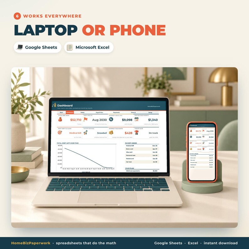 May include: A laptop and a smartphone displaying a debt tracker dashboard with charts, financial data, and text including 'Dashboard', 'Total Debt', 'Payoff Plan', and 'Payments'. The screen shows a downward trend line graph and a list of debts.