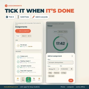 Puede incluir: Una interfaz digital para una aplicaci&oacute;n de seguimiento de tareas titulada TICK IT WHEN IT'S DONE. La pantalla muestra una lista de tareas, fechas de entrega y un temporizador. Una ventana permite a&ntilde;adir una nueva tarea con el nombre, clase y fecha.
