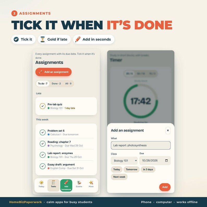 Puede incluir: Una interfaz digital para una aplicaci&oacute;n de seguimiento de tareas titulada TICK IT WHEN IT'S DONE. La pantalla muestra una lista de tareas, fechas de entrega y un temporizador. Una ventana permite a&ntilde;adir una nueva tarea con el nombre, clase y fecha.