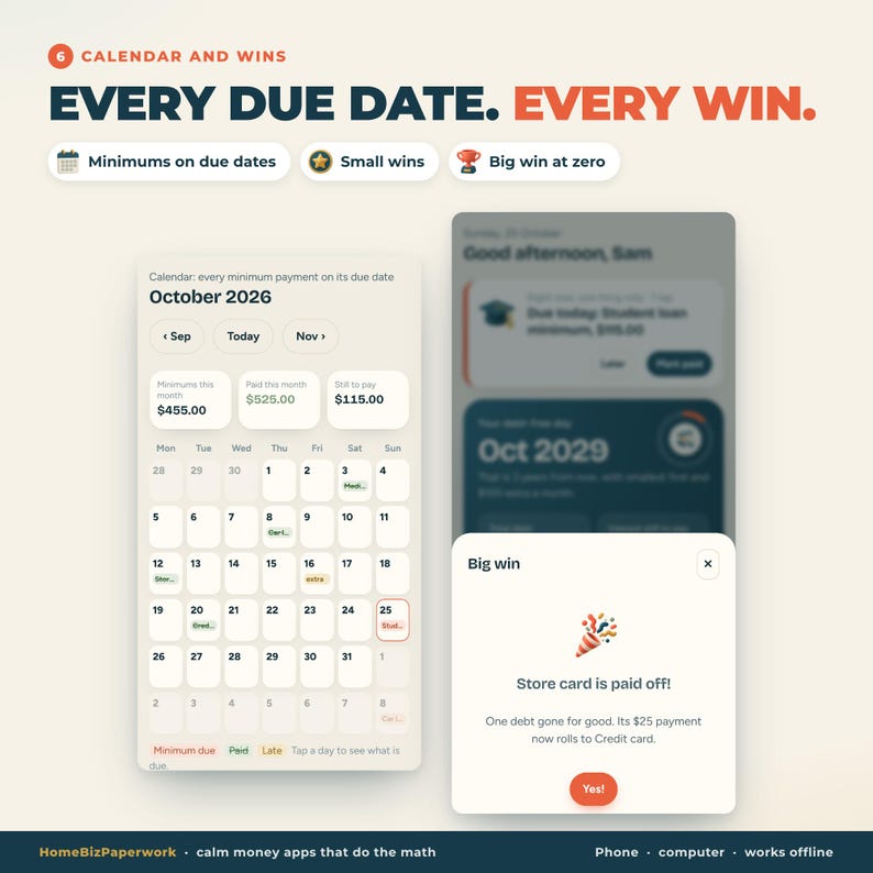 K&ouml;nnte beinhalten: Eine digitale Benutzeroberfl&auml;che mit einem Finanzkalender f&uuml;r Oktober 2026 und Zahlungsverfolgung. Der Text umfasst 'EVERY DUE DATE. EVERY WIN.', 'Minimums on due dates', 'Small wins', 'Big win at zero' und ein Pop-up mit 'Big win: Store card is paid off!'