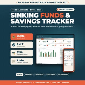 May include: A digital sinking funds and savings tracker for Google Sheets and Excel 2026. The interface displays a dashboard with financial data, progress bars, and charts on a computer screen and a mobile phone, featuring orange and white accents.