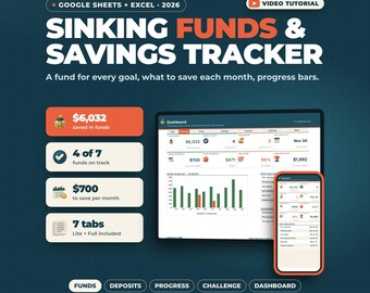 May include: A digital sinking funds and savings tracker for Google Sheets and Excel 2026. The interface displays a dashboard with financial data, progress bars, and charts on a computer screen and a mobile phone, featuring orange and white accents.