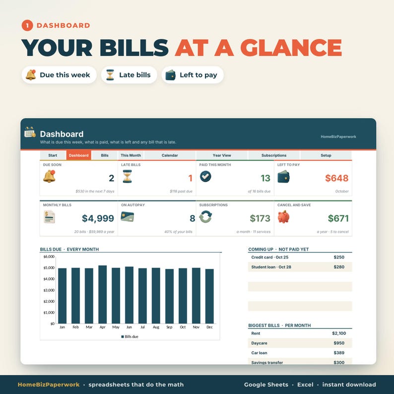 Bill Tracker Spreadsheet Google Sheets Excel | Bill Calendar, Monthly Bill Organizer, Bill Payment Checklist, Subscription Tracker image 2