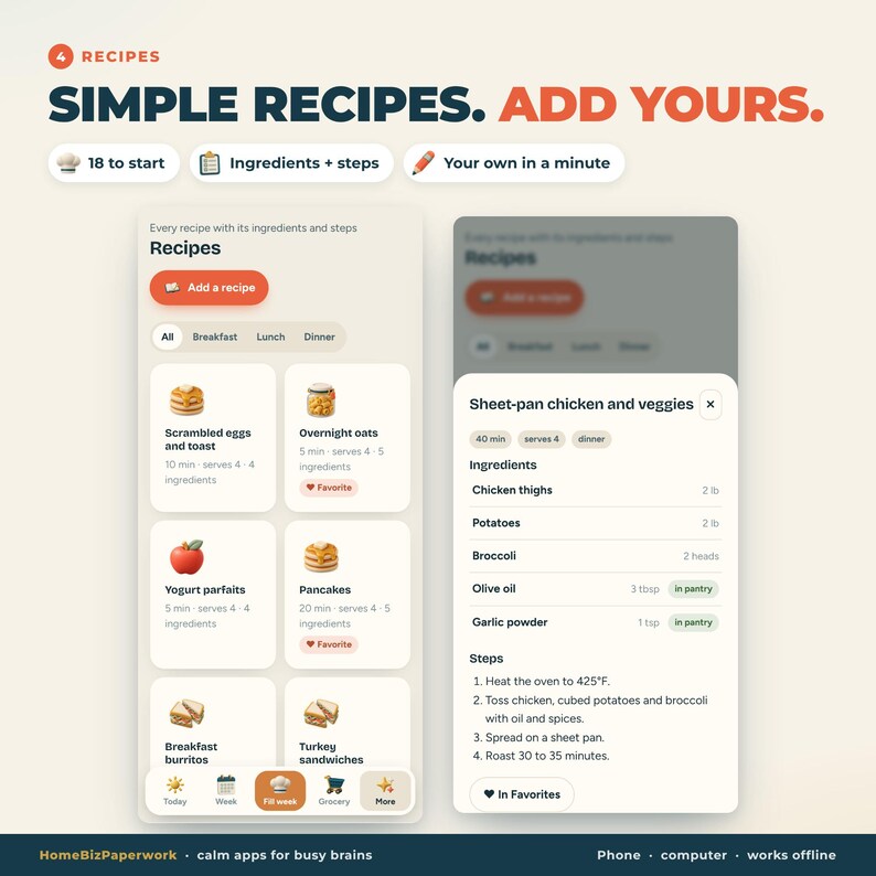 以下が含まれることがあります： Simple Recipes. Add Yours. というタイトルのレシピ管理アプリのデジタルインターフェース。画面には、スクランブルエッグ、オーバーナイトオーツ、ヨーグルトパフェなどの食事オプションのリストと、チキンと野菜のオーブン焼きの詳細なレシピビューが表示されています。