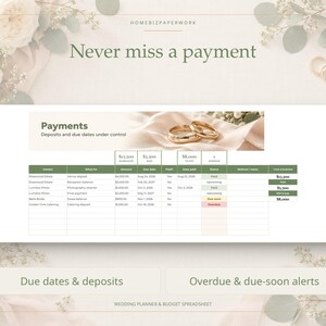 May include: A digital wedding payment tracker spreadsheet featuring columns for vendor, item, amount, due date, payment status, and total scheduled. The interface includes summary boxes for total, paid, and to-pay amounts, with text reading Never miss a payment and Payments.