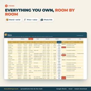 Foglio di calcolo per l'inventario domestico (Google Sheets Excel) / Inventario assicurativo, monitoraggio delle garanzie, oggetti di valore, articoli per la casa per stanza immagine 3