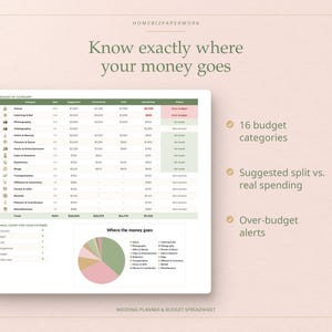 May include: A digital wedding budget spreadsheet titled Know exactly where your money goes, featuring a table with 16 categories, a pie chart labelled Where the money goes, and a list of features including 16 budget categories, suggested split vs. real spending, and over-budget alerts.