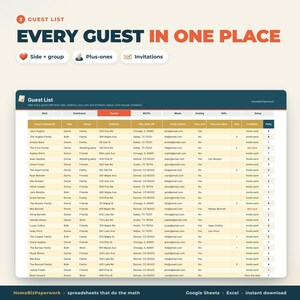 May include: A digital guest list spreadsheet template featuring columns for guest names, addresses, RSVP status, meals, seating, and gifts. The header reads Guest List, Every Guest In One Place, Side + group, Plus-ones, and Invitations.