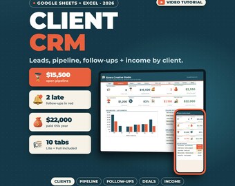 Hoja de cálculo CRM de clientes Google Sheets Excel / Seguimiento de clientes potenciales, embudo de ventas, seguimiento de seguimiento, base de datos de clientes, ingresos de freelancers