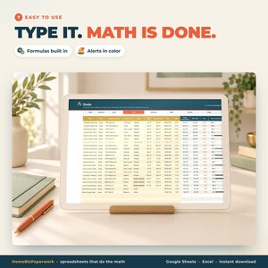 May include: A digital tablet displays a real estate deals spreadsheet with columns for client names, property addresses, and financial data. Text above reads: 7 EASY TO USE TYPE IT. MATH IS DONE. Formulas built in. Alerts in color. HomeBizPaperwork.