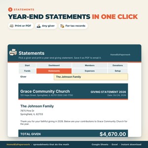 May include: A digital interface for generating year-end statements, featuring a dashboard with tabs for members and donations. It displays a 2026 giving statement for The Johnson Family from Grace Community Church, showing a total contribution of $4,670.00.