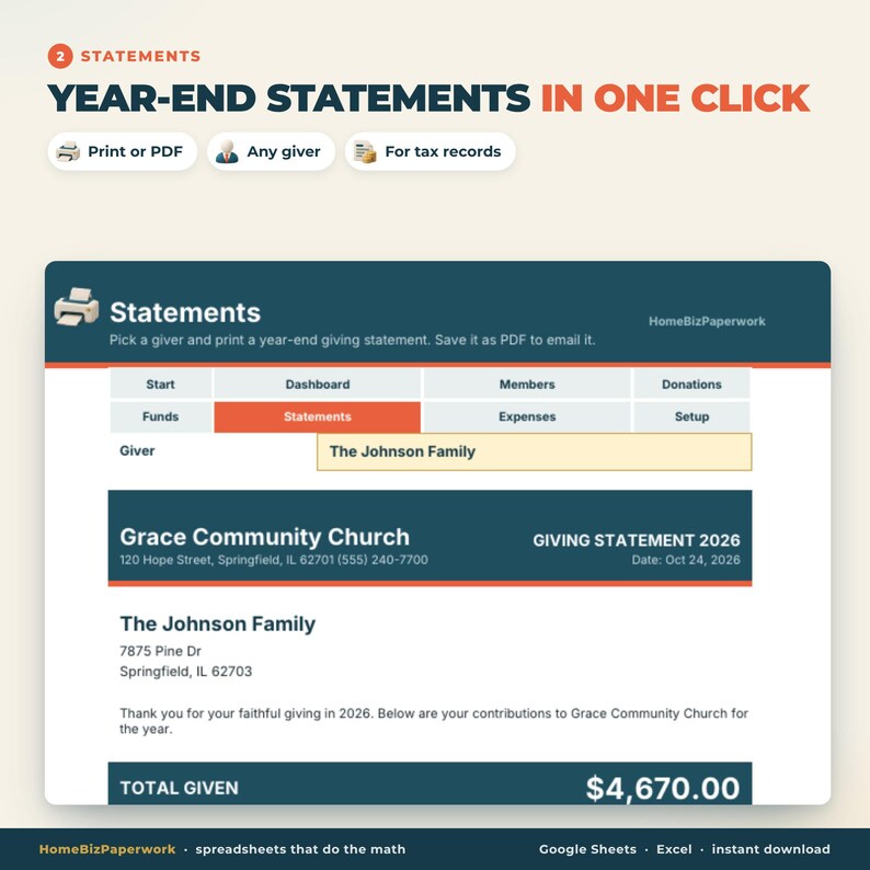 May include: A digital interface for generating year-end statements, featuring a dashboard with tabs for members and donations. It displays a 2026 giving statement for The Johnson Family from Grace Community Church, showing a total contribution of $4,670.00.