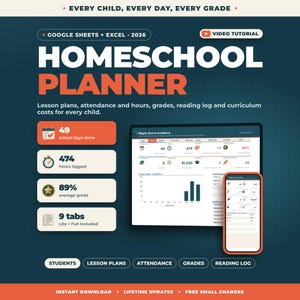 Planificador de educación en casa (hoja de cálculo, Google Sheets, Excel) / Planes de lecciones, asistencia y horas, registro de calificaciones, registro de lectura, currículo imagen 1
