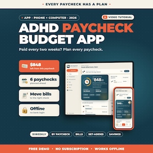 Könnte beinhalten: Eine digitale Benutzeroberfläche für die ADHD Paycheck Budget App, dargestellt auf einem Tablet und Smartphone. Der Bildschirm zeigt Finanzplanungstools, einschließlich Gehaltsverfolgung, Rechnungsverwaltung und Sparfunktionen in Blau und Orange.