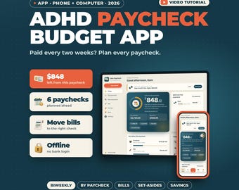ADHD Paycheck Budget App | Biweekly Paycheck Planner, Budget by Paycheck, Bill Tracker, Savings Goals, Works Offline on Phone and Computer