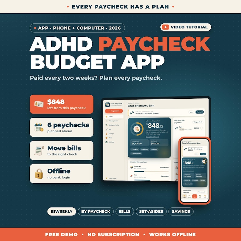May include: A digital interface for the ADHD Paycheck Budget App, displayed on a tablet and smartphone. The screen shows financial planning tools, including paycheck tracking, bill management, and savings features with a dark blue and orange color scheme.