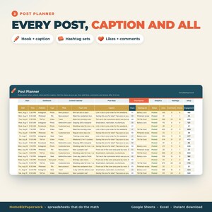 Calendario dei contenuti per i social media, foglio di calcolo Google Sheets Excel / Pianificatore di post, pianificatore di Instagram e TikTok, hashtag, tracker di analisi immagine 4
