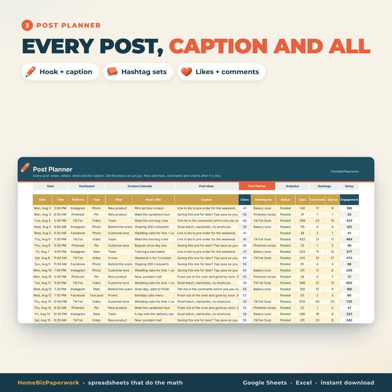 Calendario dei contenuti per i social media, foglio di calcolo Google Sheets Excel / Pianificatore di post, pianificatore di Instagram e TikTok, hashtag, tracker di analisi immagine 4