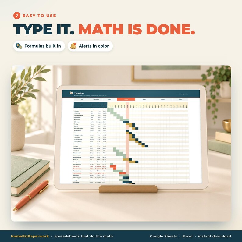 Pu&ograve; includere: Un tablet digitale mostra un foglio di calcolo con una cronologia di progetto, con colonne per attivit&agrave;, stato e date. Lo schermo mostra il testo "TYPE IT. MATH IS DONE." con le etichette "Formulas built in" e "Alerts in color" sopra.