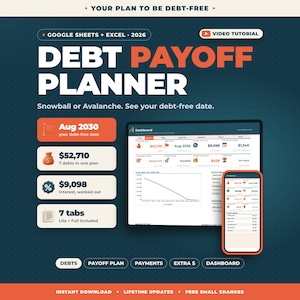 May include: A digital debt payoff planner for Google Sheets and Excel 2026. The interface displays a dashboard with financial metrics, a debt-free date of Aug 2030, a total debt of $52,710, and 7 tabs. Includes a mobile and desktop view.