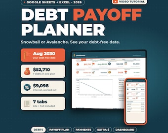 May include: A digital debt payoff planner for Google Sheets and Excel 2026. The interface displays a dashboard with financial metrics, a debt-free date of Aug 2030, a total debt of $52,710, and 7 tabs. Includes a mobile and desktop view.