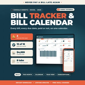 Bill Tracker Spreadsheet Google Sheets Excel | Bill Calendar, Monthly Bill Organizer, Bill Payment Checklist, Subscription Tracker image 1