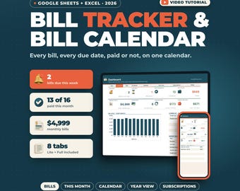 Rechnungsübersicht (Google Sheets, Excel) | Rechnungskalender, monatliche Rechnungsübersicht, Checkliste für Rechnungszahlungen, Abonnement-Tracker
