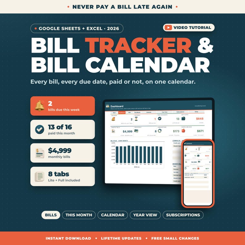 Bill Tracker Spreadsheet Google Sheets Excel | Bill Calendar, Monthly Bill Organizer, Bill Payment Checklist, Subscription Tracker image 1