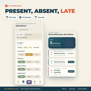 May include: A digital interface for a teacher attendance app titled Attendance, featuring student lists with present, absent, and late buttons. The screen displays class schedules, dates, and lesson plans for Math 7 and Pre-Algebra 8, with a navigation bar at the bottom.