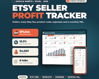 Etsy-Verkäufer-Tabelle (Google Sheets, Excel) | Etsy-Gebührenrechner, Gewinnverfolgung, Bestellverfolgung, Produktkosten, monatliche Gewinn- und Verlustrechnung