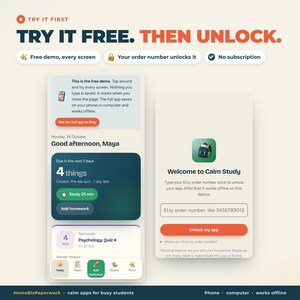 Puede incluir: Una interfaz digital para la aplicaci&oacute;n Calm Study que muestra una pantalla de demostraci&oacute;n gratuita con listas de tareas, temporizadores de estudio y una pantalla de desbloqueo que requiere un n&uacute;mero de pedido de Etsy. Dise&ntilde;o claro con iconos.